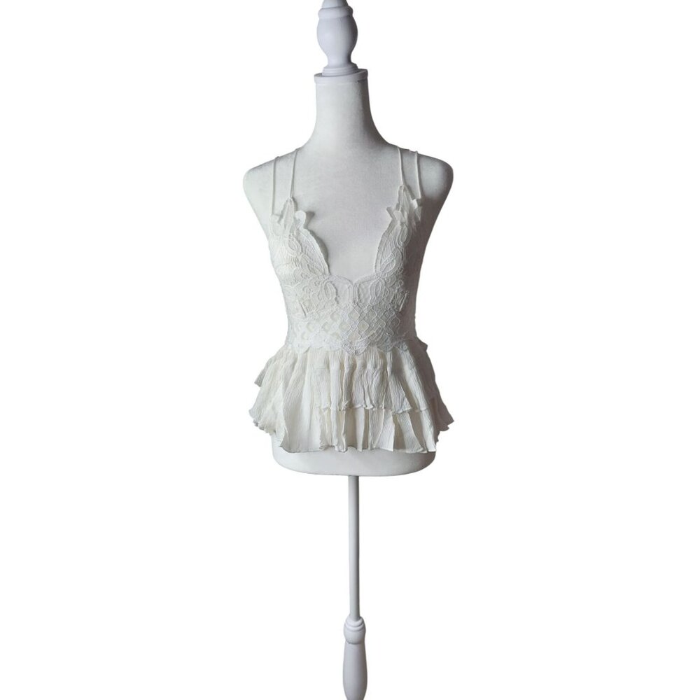 Free People Adella Cami Lace & Ruffled Hem White Tank Top Small - Picture 2 of 8